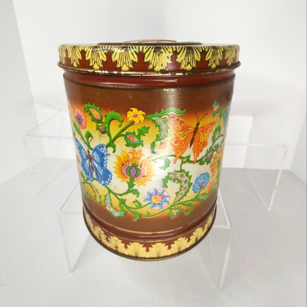 Vintage Metal Tin Canister Round Brown Gold w/Butterflies & Florals 5.5" Tall. 